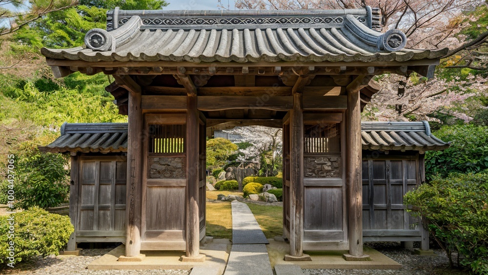 Traditional Japanese Garden Gate with Cherry Blossoms Traditional Japanese Garden Gate with Cherry Blossoms