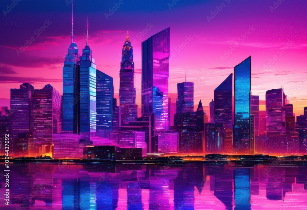 Fototapeta premium stunning vibrant city skyline dusk showcasing reflective glass architecture modern urban aesthetic brilliant colorful light displays, cityscape, buildings