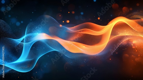 Flujo abstracto de ondas de colores azul y naranja que se entrelazan en un contraste de temperatura sobre un fondo oscuro con puntos de luz.
