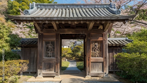 Traditional Japanese Garden Gate with Cherry Blossoms