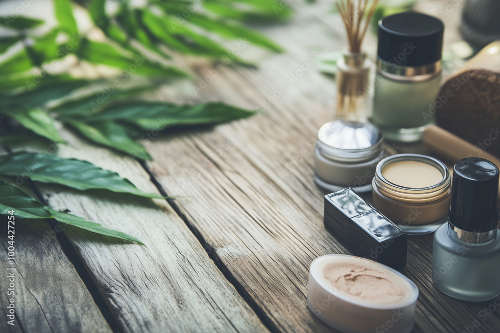 Cosmetic products on a wooden table. Cosmetic products on a wooden table.