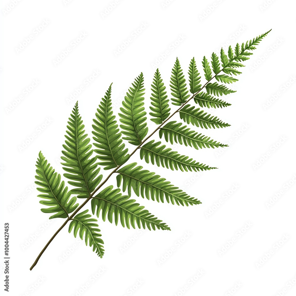 Detailed green fern leaf, white isolated background, perfect for botanical designs. Detailed green fern leaf, white isolated background, perfect for botanical designs.