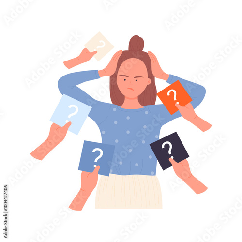 Frustrated girl angry from lot of questions in hands of people vector illustration