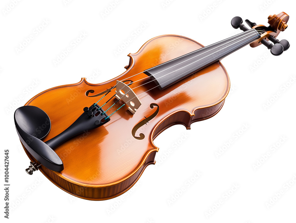 Fototapeta premium A classical wooden violin, isolated on a transparent background, showcasing its elegant curves and polished finish.