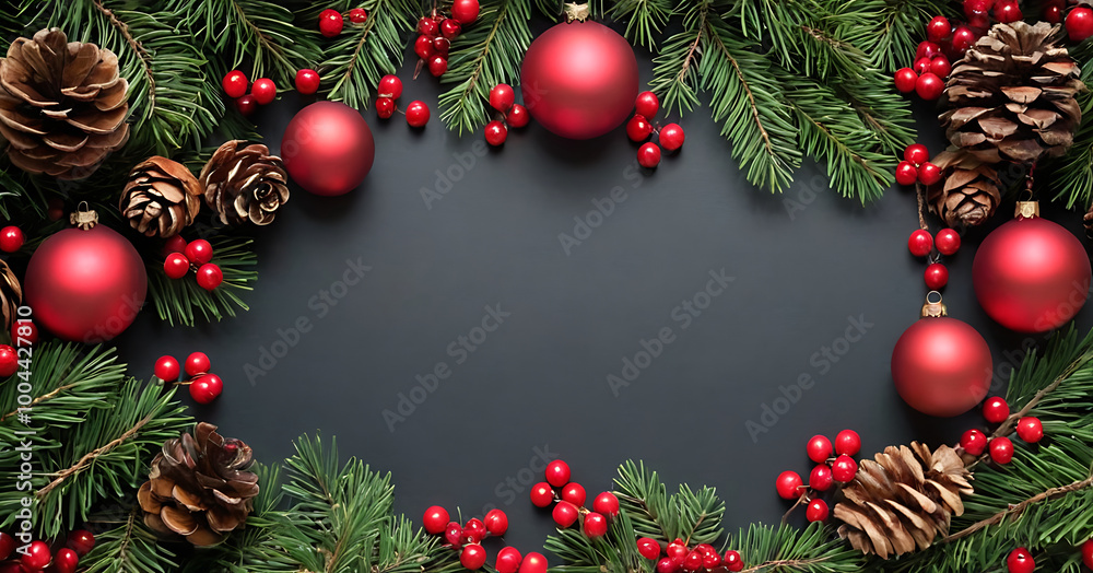 A festive Christmas frame of fir branches, red ornaments, pine cones, and holly berries on a black background. This natural arrangement creates a stylish and elegant holiday backdrop. A festive Christmas frame of fir branches, red ornaments, pine cones, and holly berries on a black background. This natural arrangement creates a stylish and elegant holiday backdrop.