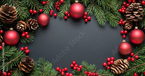 A festive Christmas frame of fir branches, red ornaments, pine cones, and holly berries on a black background. This natural arrangement creates a stylish and elegant holiday backdrop.