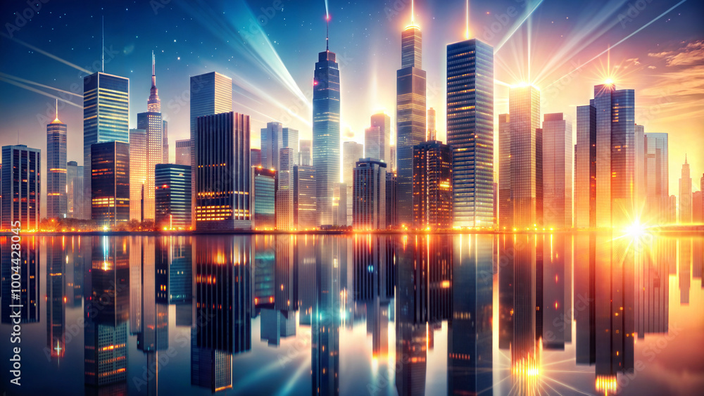 Obraz premium A modern night city with skyscrapers and dynamic lighting is reflected in the smooth surface of the water.