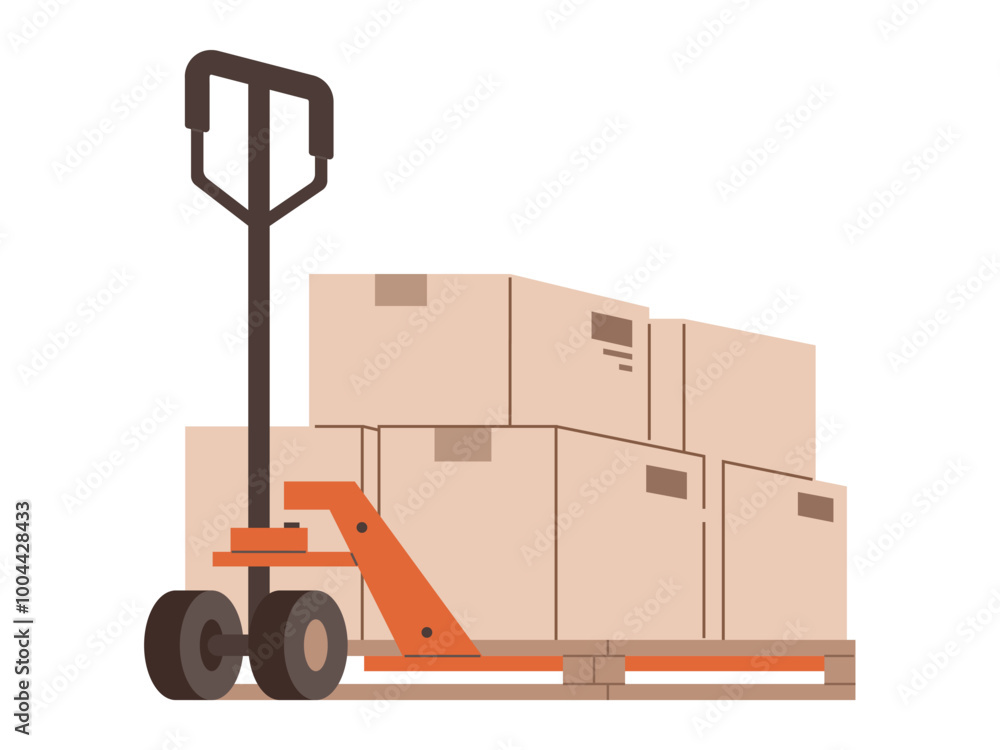 Forklift with boxes, carriage of cardboard containers with parcels inside. Delivery service. Transportation of finished goods in production to warehouse with machine loader, international logistics