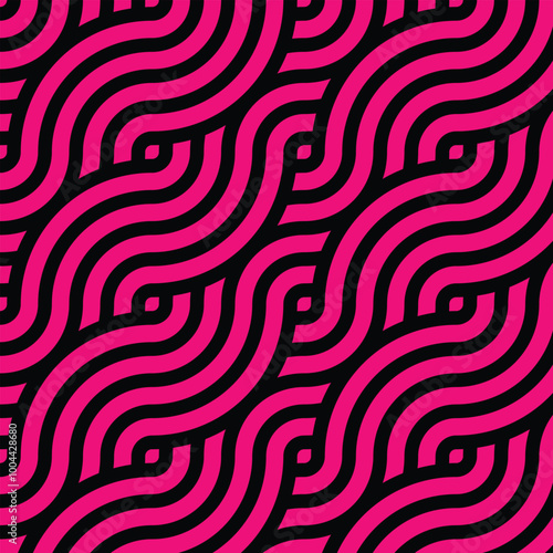 Pink wave pattern with black pattern. contrasting semicircle pattern.