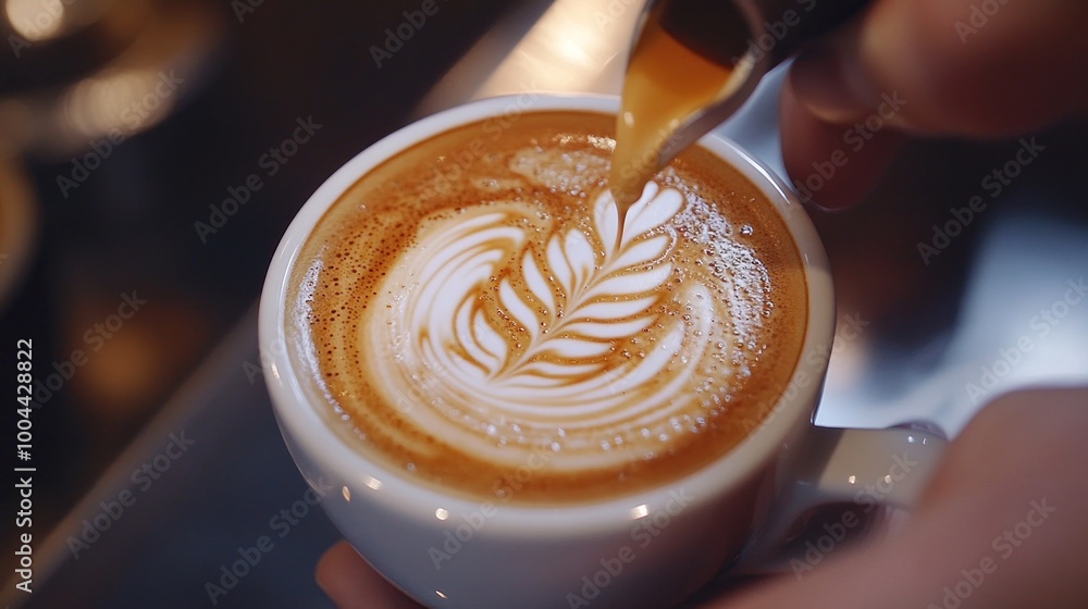 A close-up of a latte being poured with intricate foam art. A close-up of a latte being poured with intricate foam art.