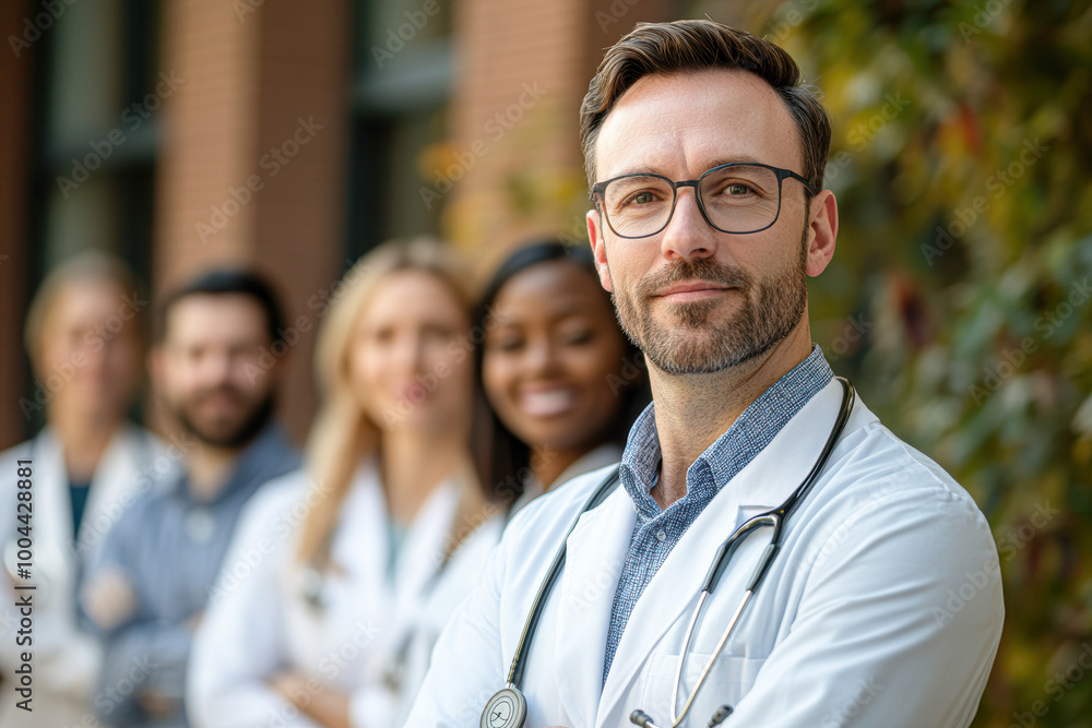 A group of doctors are standing together, one of them wearing a white coat A group of doctors are standing together, one of them wearing a white coat