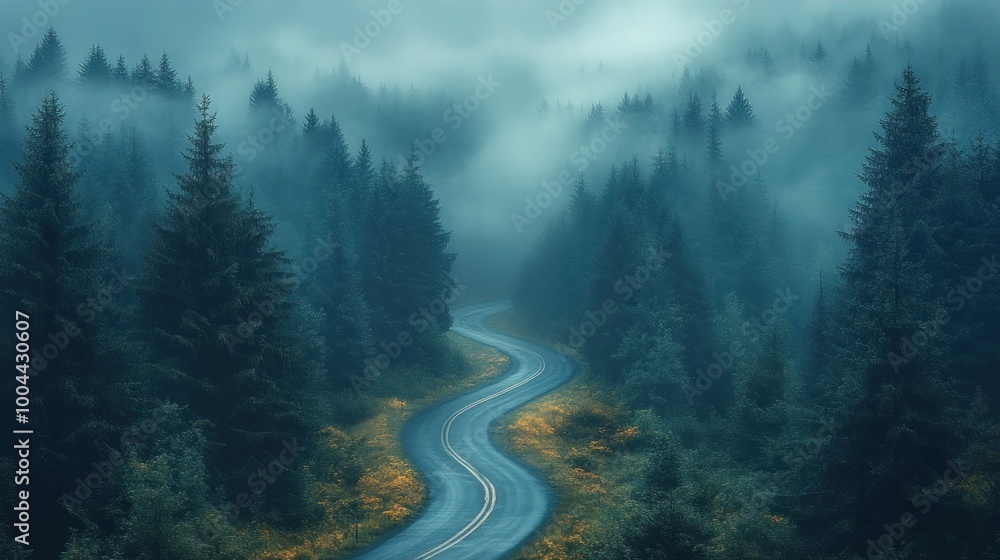 Serene winding road through a misty forest landscape. Serene winding road through a misty forest landscape.