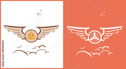 Aviator wings badge. Aviation symbol, airplain pilot emblem. Hand drawn illustration with clouds, stars & birds. Customizable vector graphics.