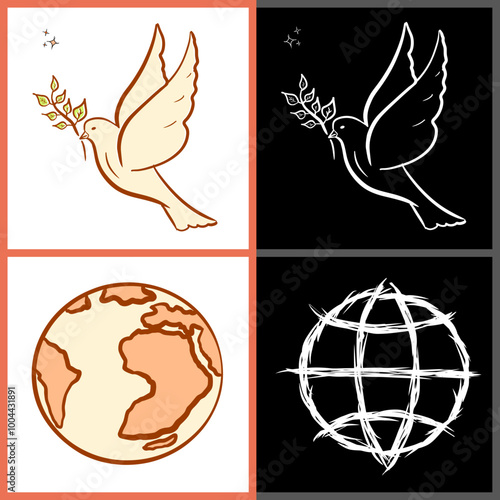 Dove of peace with olive branch & World / Earth symbol. Hand drawn illustration. Customizable vector graphics.