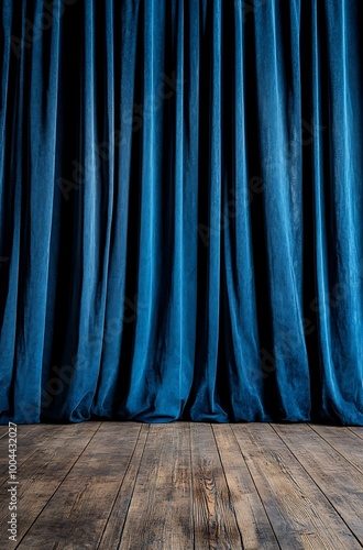 Dark blue theater curtains hang over a wooden floor. photo