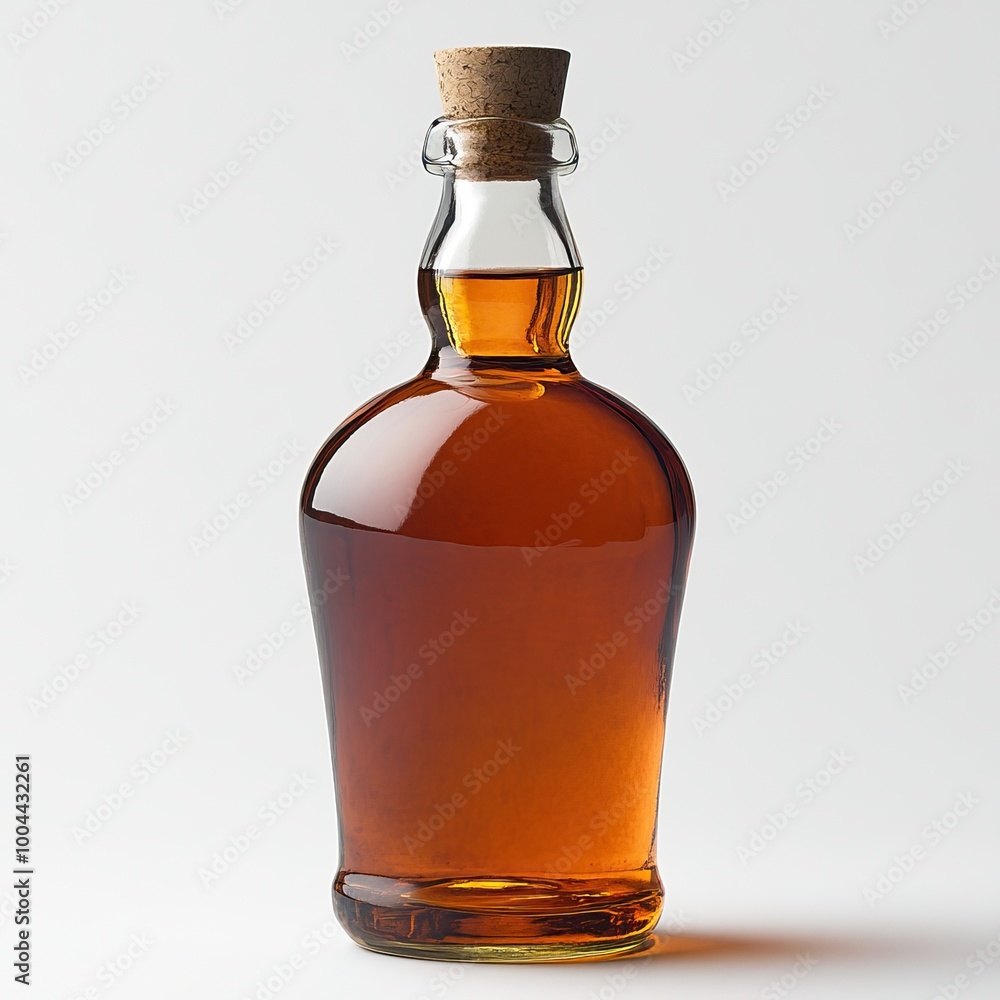 Stylish glass bottle filled with amber liquid on a white isolated background. Stylish glass bottle filled with amber liquid on a white isolated background.