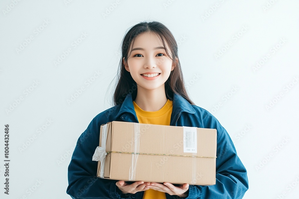 Happy Young Asian woman wearing blue jacket yellow t-shirt holding and giving package parcel boxes isolated on white background, Delivery courier and shipping service concept. generative ai Happy Young Asian woman wearing blue jacket yellow t-shirt holding and giving package parcel boxes isolated on white background, Delivery courier and shipping service concept. generative ai