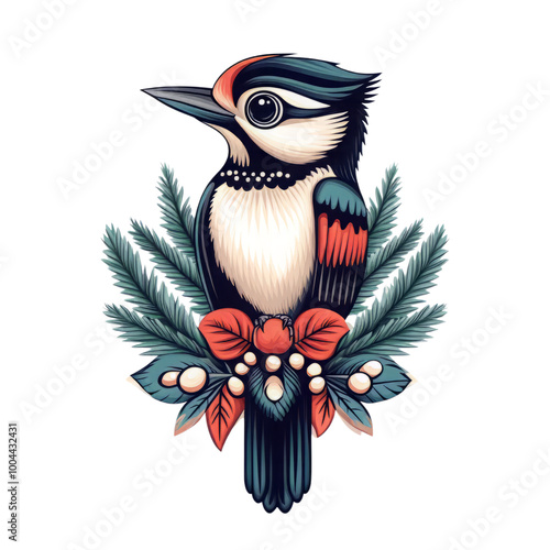 Stylized woodpecker illustration with vibrant colors, surrounded by festive foliage and a ribbon, perfect for nature-themed designs. Isolated on transparent background. photo