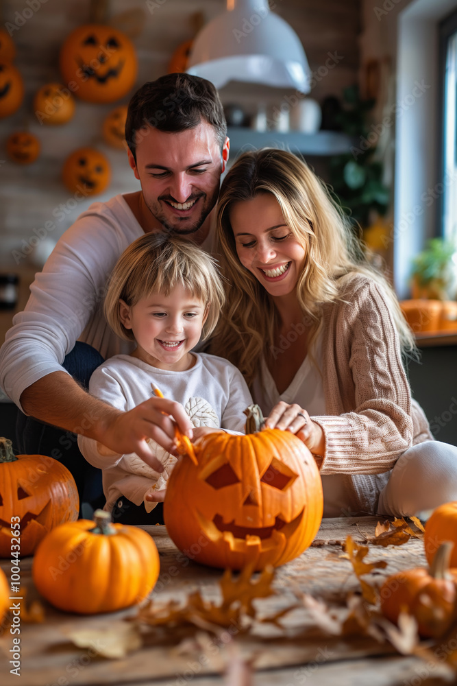 Happy family carving pumpkin for Halloween together. Heartwarming picture of family having fun making Jack o lantern for holidays in autumn. Happy family carving pumpkin for Halloween together. Heartwarming picture of family having fun making Jack o lantern for holidays in autumn.