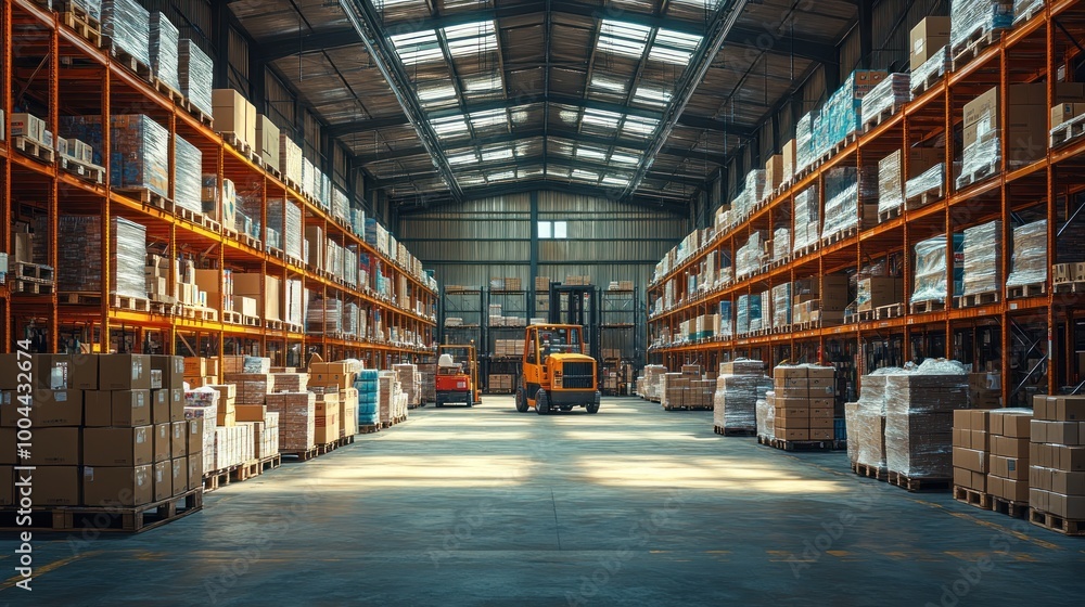 A spacious warehouse filled with stacked boxes and equipment. A spacious warehouse filled with stacked boxes and equipment.