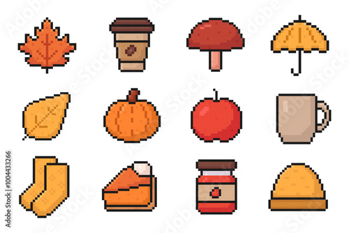 autumn pixel art set of icons, vintage, 8 bit, 80s, 90s game, computer arcade items, thanksgiving, fall season, maple leaf, coffee cup, mushroom, umbrella, pumpkin, apple, socks, pumpkin pie, jam, hat