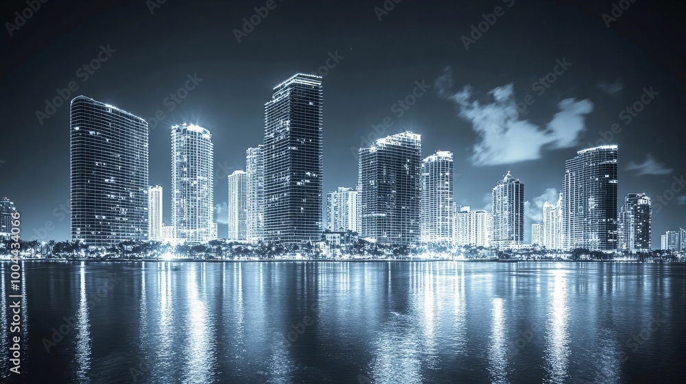 Fototapeta premium The abstract futuristic style of Florida coastal technology city scenery is filled with dynamic lighting connected by digital technology, showcasing modern concepts of networking and data transmission