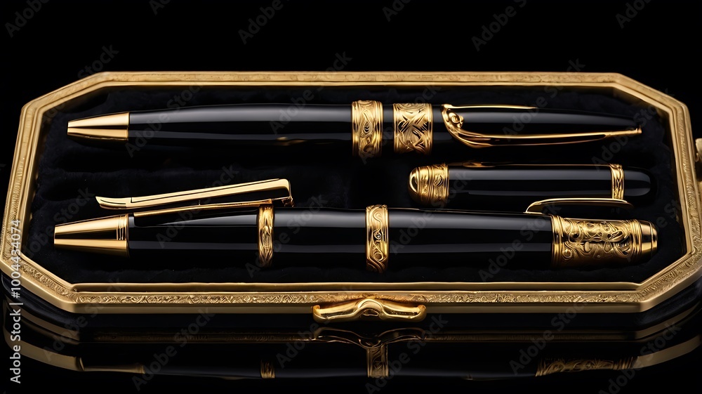 Naklejka premium A luxurious pen set with sleek gold accents, neatly arranged in a velvet-lined case, set against a black background, perfect for showcasing high-end gifts.