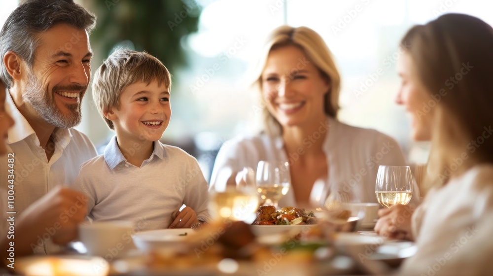 A joyful family gathering around a dining table, sharing food and laughter. A joyful family gathering around a dining table, sharing food and laughter.