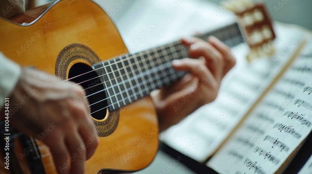 Obraz premium A close-up of a person playing a guitar, with sheet music in the background.