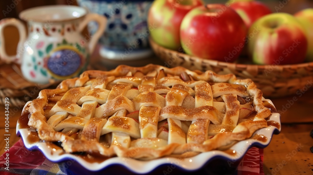 A mouth-watering apple pie with a lattice top, sprinkled with sugar and caramel, sitting in a wavy ceramic baking dish. A mouth-watering apple pie with a lattice top, sprinkled with sugar and caramel, sitting in a wavy ceramic baking dish.