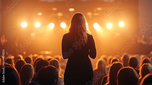 On stage, a woman speaks confidently, the audience captivated by the lights and energy.