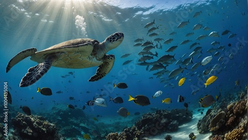 Serene encounter with a sea turtle while diving in the tropical ocean