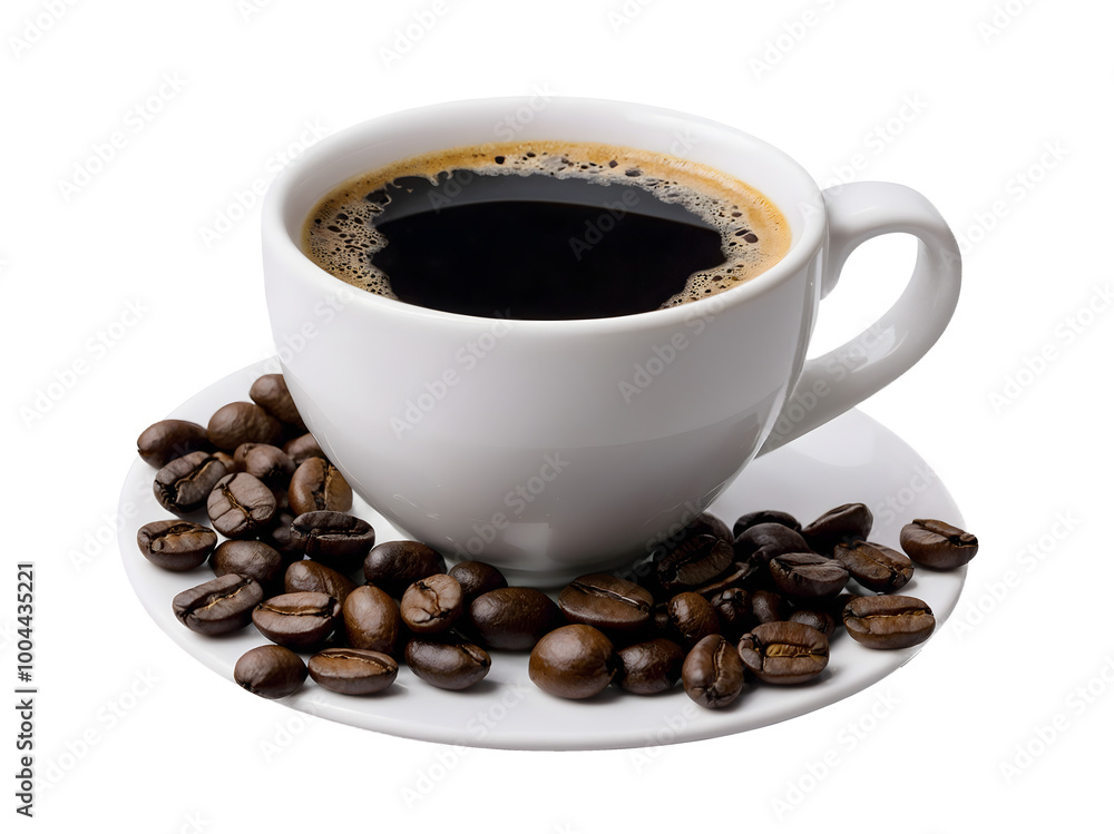 A Cup of Coffee with Coffee Beans Beside It Isolated on Transparent Background A Cup of Coffee with Coffee Beans Beside It Isolated on Transparent Background