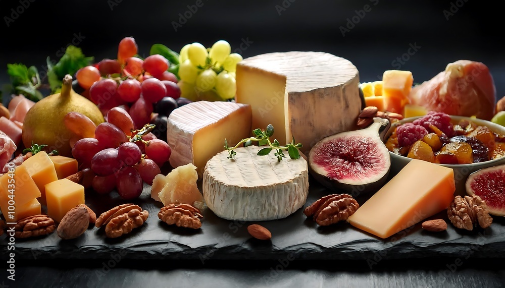 An elegant cheese board featuring a variety of soft cheeses, fruits, nuts, and preserves for an inviting gathering. Generative AI An elegant cheese board featuring a variety of soft cheeses, fruits, nuts, and preserves for an inviting gathering. Generative AI