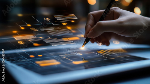 A person uses a stylus on a digital tablet to create design concepts in a modern workspace during evening hours photo