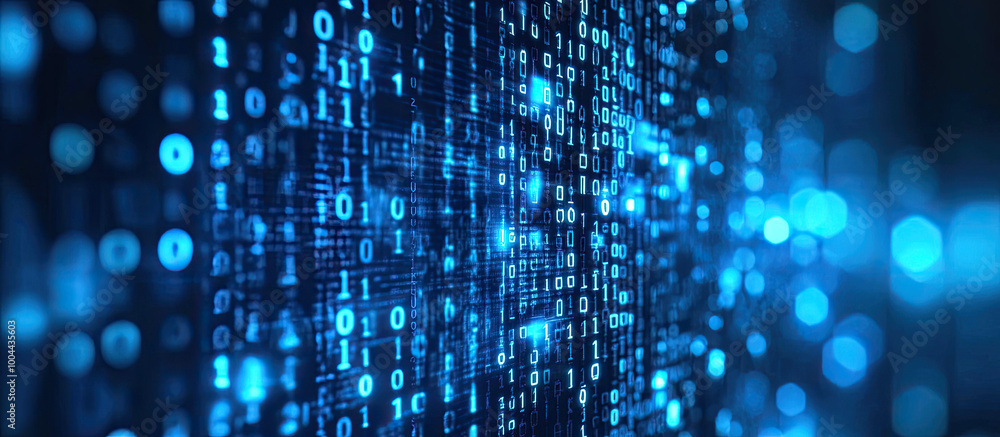 Futuristic blue data stream with glowing binary code Futuristic blue data stream with glowing binary code