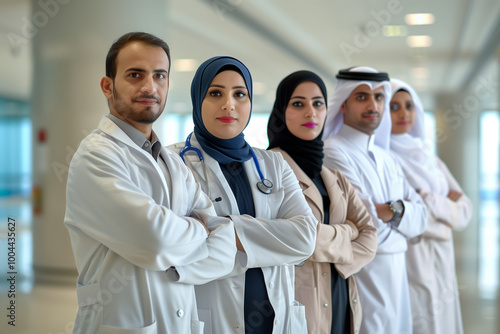 Photography of Qatar team of professional workers in a modern hospital.	