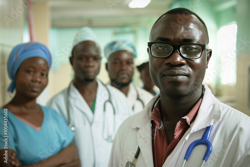 Photography of Senegal team of professional workers in a modern hospital.	 photo