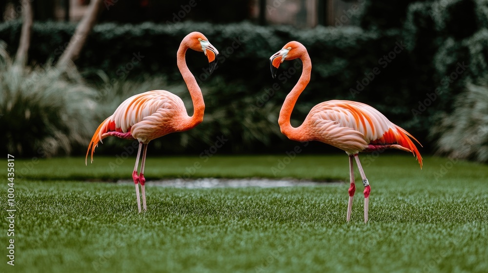 Two elegant pink flamingos wade through calm water at an animal park, set against a vibrant backdrop of green grass and trees under clear blue skies Two elegant pink flamingos wade through calm water at an animal park, set against a vibrant backdrop of green grass and trees under clear blue skies