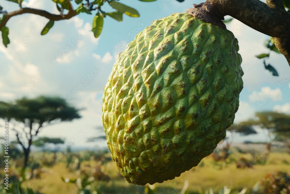 a close-up of a giant petai fruit, with its thick, green skin and ridged texture, against a blurred background of african savannah a close-up of a giant petai fruit, with its thick, green skin and ridged texture, against a blurred background of african savannah