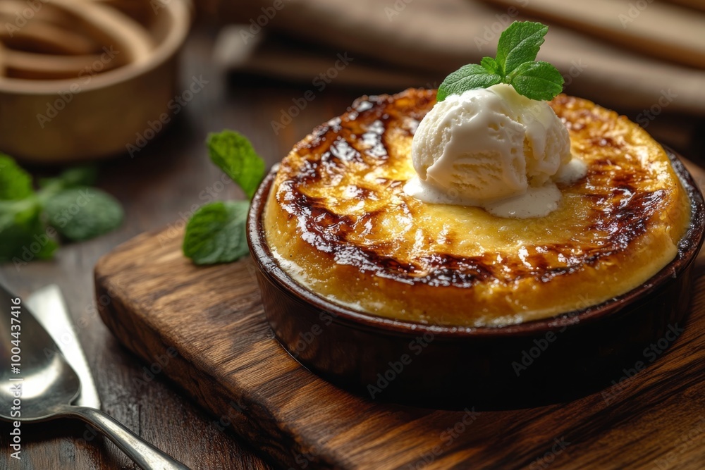 a close-up shot of a japanese sweet potato brulee, caramelized to perfection and topped with a scoop of creamy vanilla ice cream, placed on a worn wooden chopping board. a close-up shot of a japanese sweet potato brulee, caramelized to perfection and topped with a scoop of creamy vanilla ice cream, placed on a worn wooden chopping board.