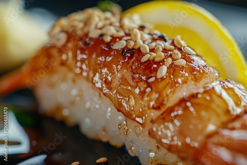 a close-up shot of a juicy ebi furai, golden brown and crispy on the outside, tender and pink on the inside, garnished with a sprinkle of sesame seeds and a slice of lemon photo