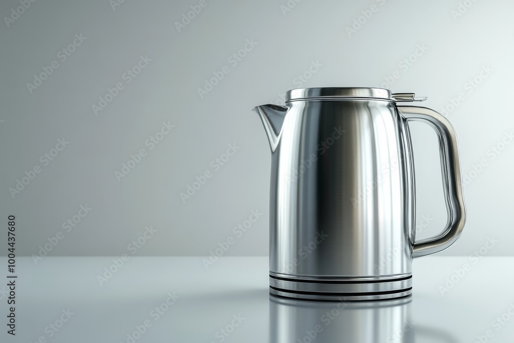 a close-up shot of a shiny stainless steel electric kettle on a light gray background, with a subtle reflection on its surface. a close-up shot of a shiny stainless steel electric kettle on a light gray background, with a subtle reflection on its surface.
