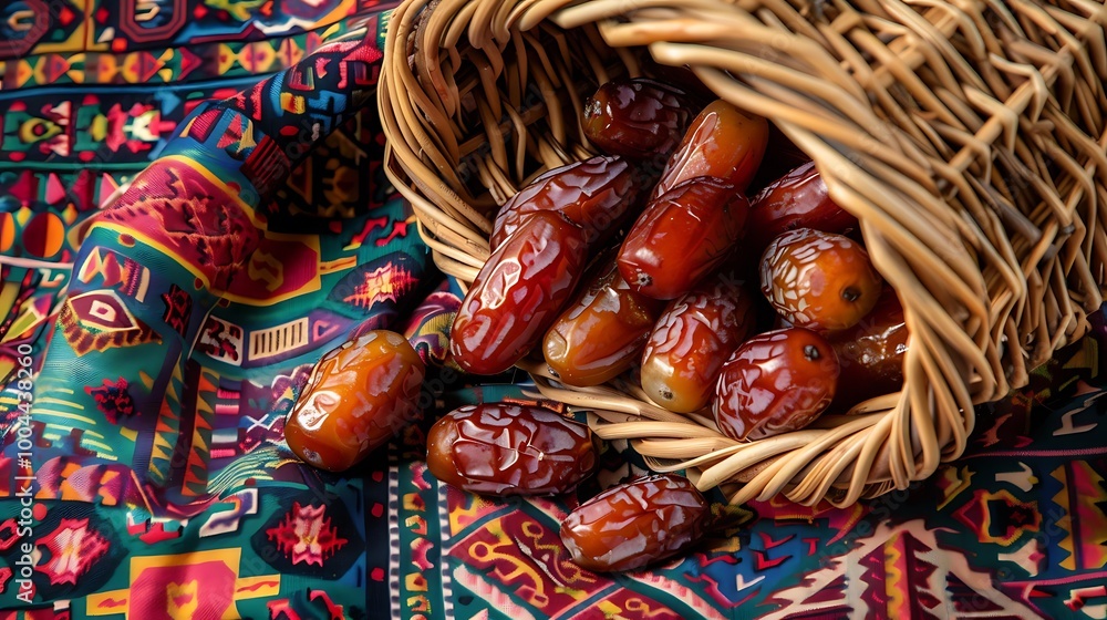 A bunch of ripe dates spilling out of woven basket set on colorful patterned cloth A bunch of ripe dates spilling out of woven basket set on colorful patterned cloth
