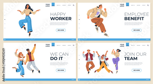 Collection of four vibrant scenes featuring diverse employees in dynamic poses. Ideal for employee satisfaction, team spirit, workplace culture, job offers, and company benefits. Colourful, joyful