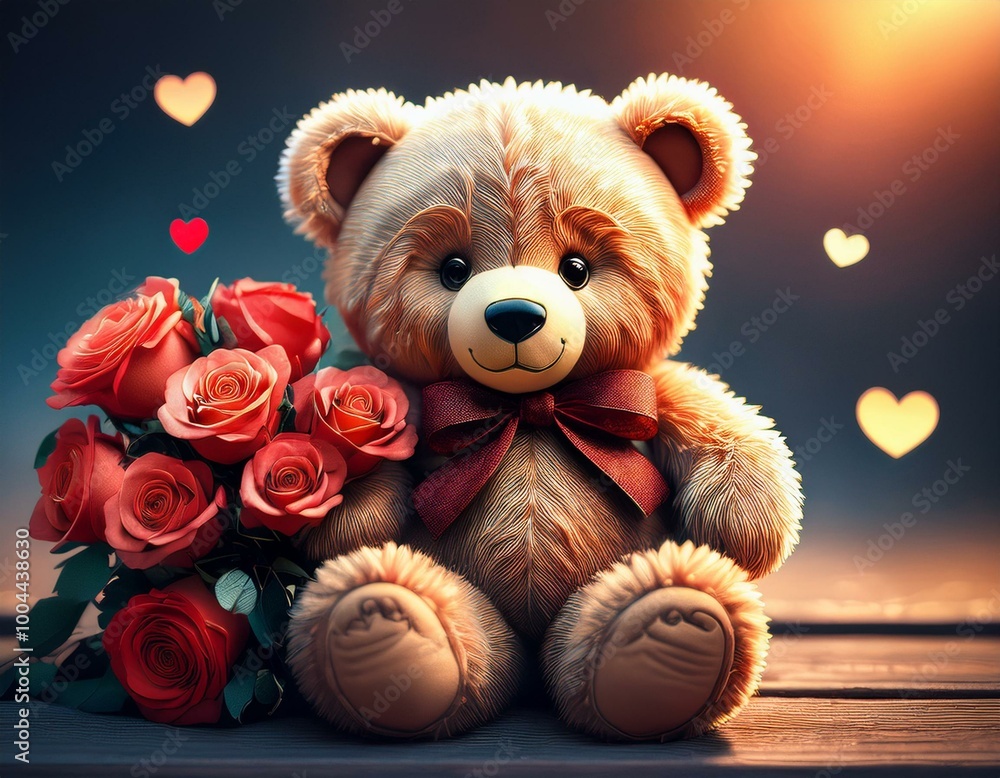 Valentines Day Teddy Bear with a Bouquet of Red Roses Valentines Day Teddy Bear with a Bouquet of Red Roses