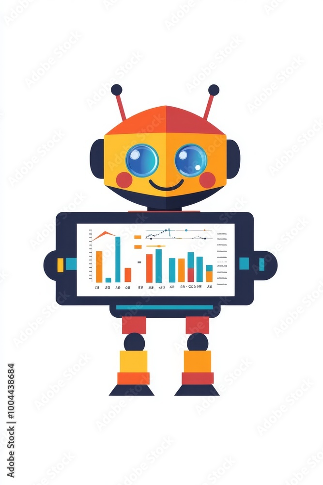 a colorful infographic element depicting a smiling robot holding a tablet with a chart or graph on the screen, conveying a sense of friendliness and data-driven assistance illustration a colorful infographic element depicting a smiling robot holding a tablet with a chart or graph on the screen, conveying a sense of friendliness and data-driven assistance illustration