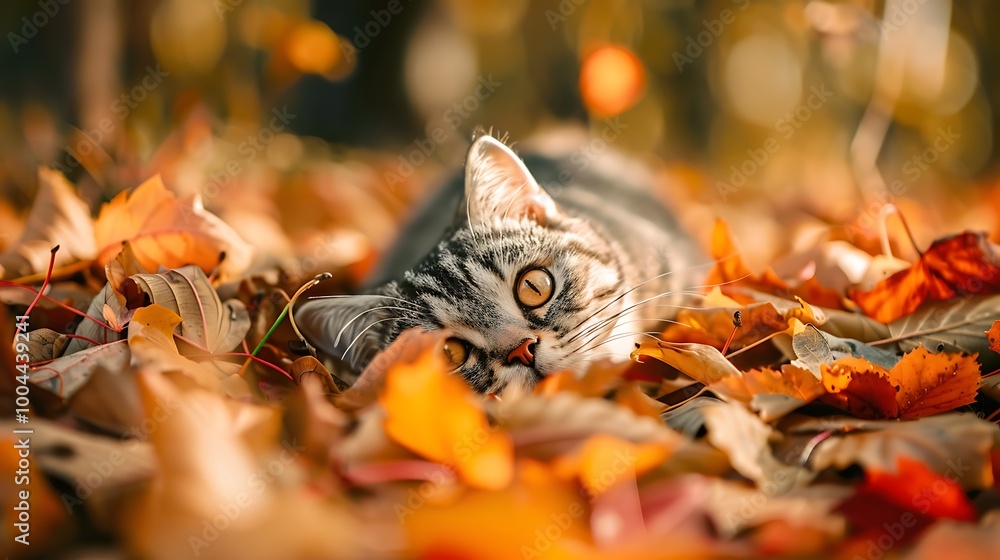 A cat plush on bed of fallen autumn leaves A cat plush on bed of fallen autumn leaves