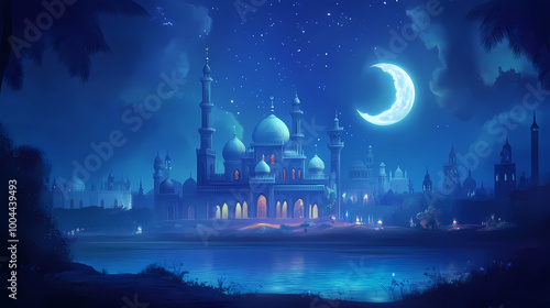 Ramadan kareem background with mosque and moon, eid greetings background, mosque night view. Arabian Nights. Illustration photo