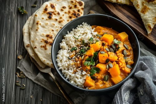 a cozy autumn-inspired butternut squash curry rice bowl with a sprinkle of toasted pumpkin seeds and a side of naan bread photo